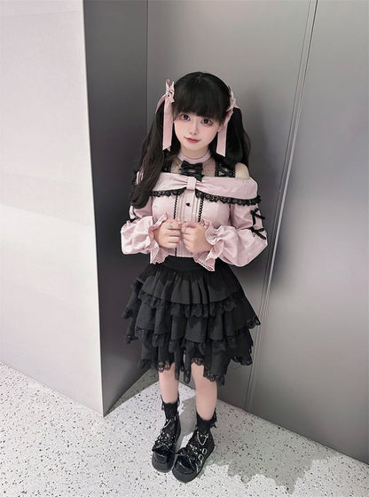 with Pink Bow Black Kei Open Blouse Shoulder Details Jirai Neckline Illusion