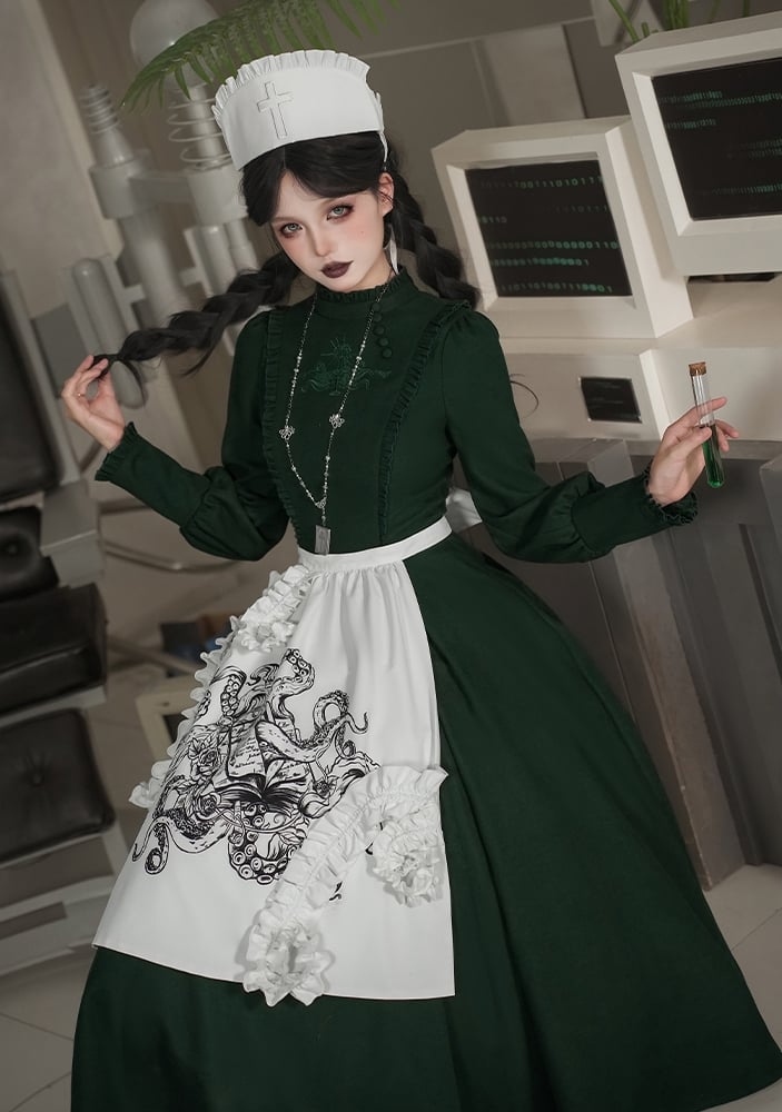 Dark Green Cthulhu Gothic Lolita OP Set – Tentacles + Apron + Nurse Hat + Necklace | With PUJI