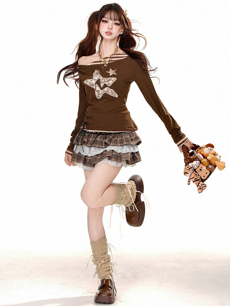 Black/Brown Star Applique Asymmetrical Neckline Top Lace-up Detail at Waist