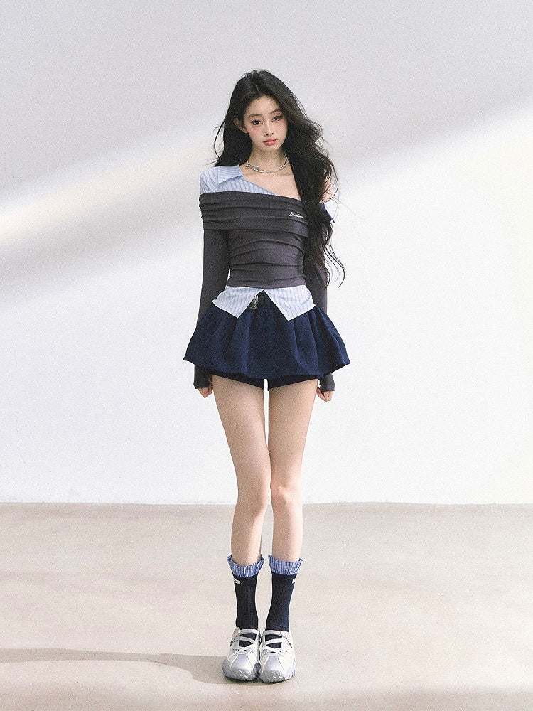 グレーとブルーのストライプ柄のツーピース、アシンメトリーネックラインのフェイクトップス