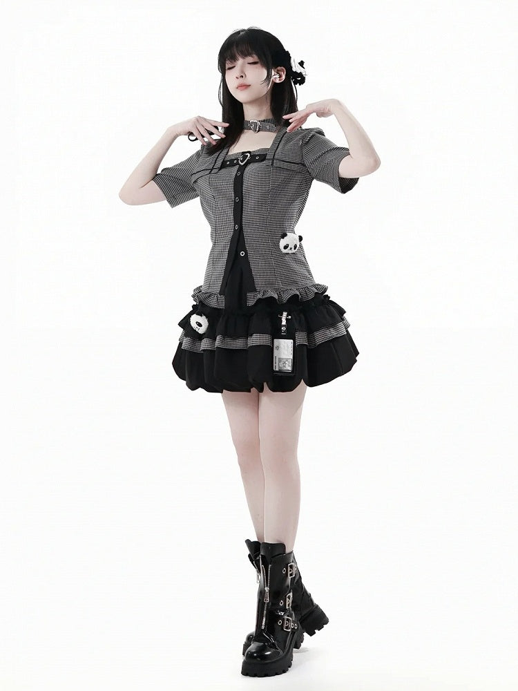 Choker Design Rüschen Saum Plaid Bluse Schwarz Criss-cross All-in-one und