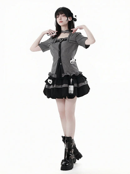 Choker Design Rüschen Saum Plaid Bluse Schwarz Criss-cross All-in-one und