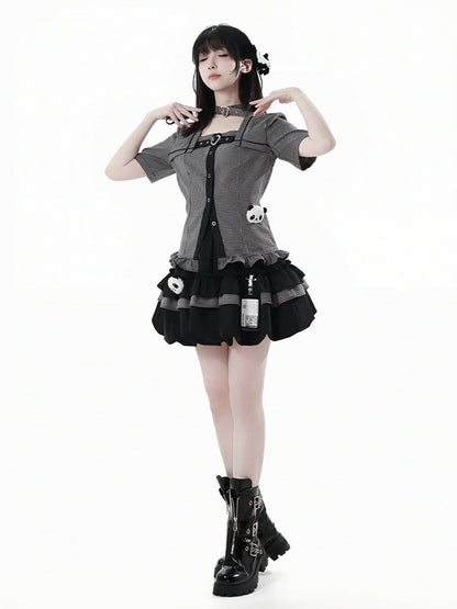 伸縮性のあるプラッシュパンダバブルスカートウエスト、カードホルダー付きブラック