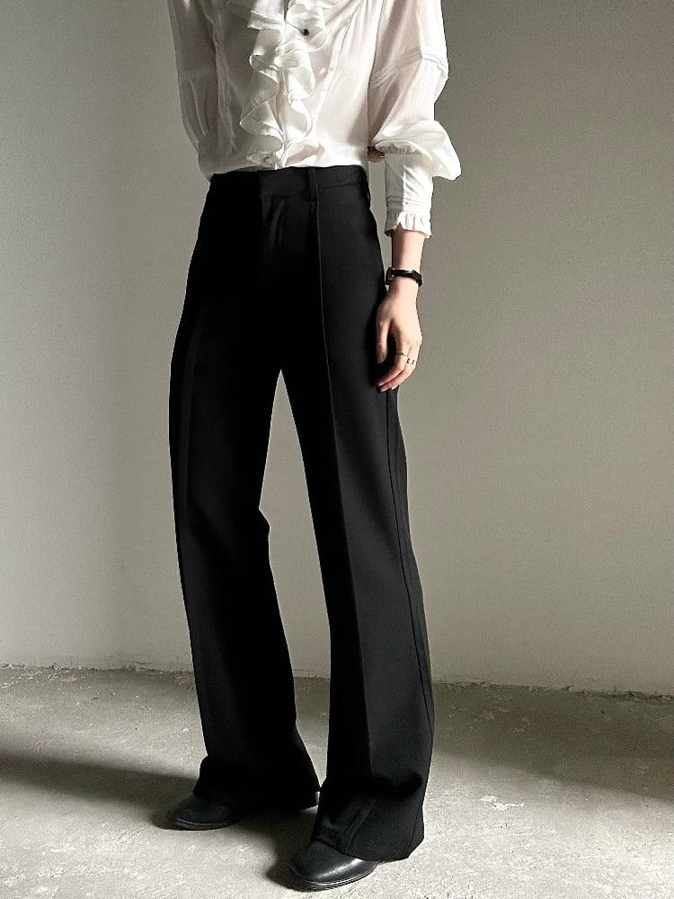 Ouji Lolita Black Straight-Leg Pants with Elastic Back Waist & Subtle Flare