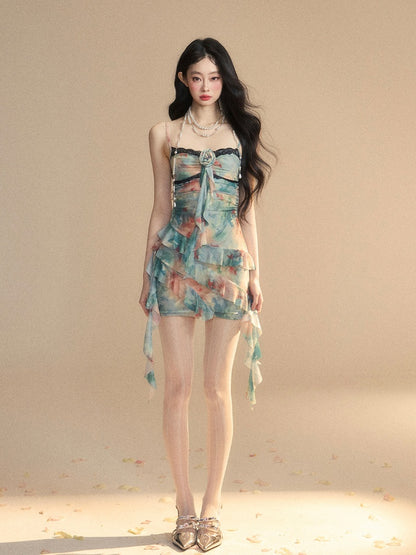 Contrast Floral Cami Dress Blue Asymmetrical Ruffled Hem Trim Lace Black