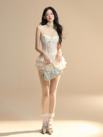 White Dress with Lace-up Detail at Front Skirt Mini Cami Puffy Tiered