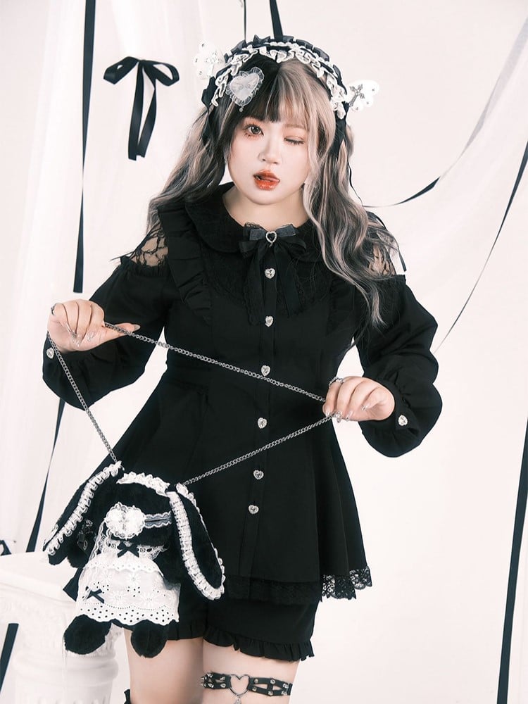 Set: Plus Elastic Open Black Waist Top Size Jirai Shoulder Shorts Kei