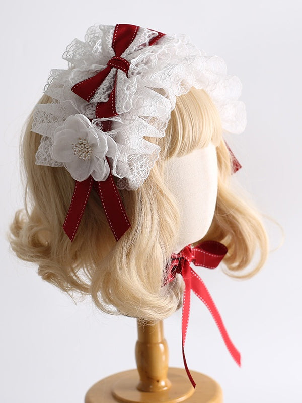 Hairband White Lolita Flowers Detachable Elegant And Bowknot Lace With Red