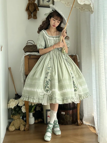 Jasmine Embroidery Cotton Neckline Lolita Dress Light Square Green