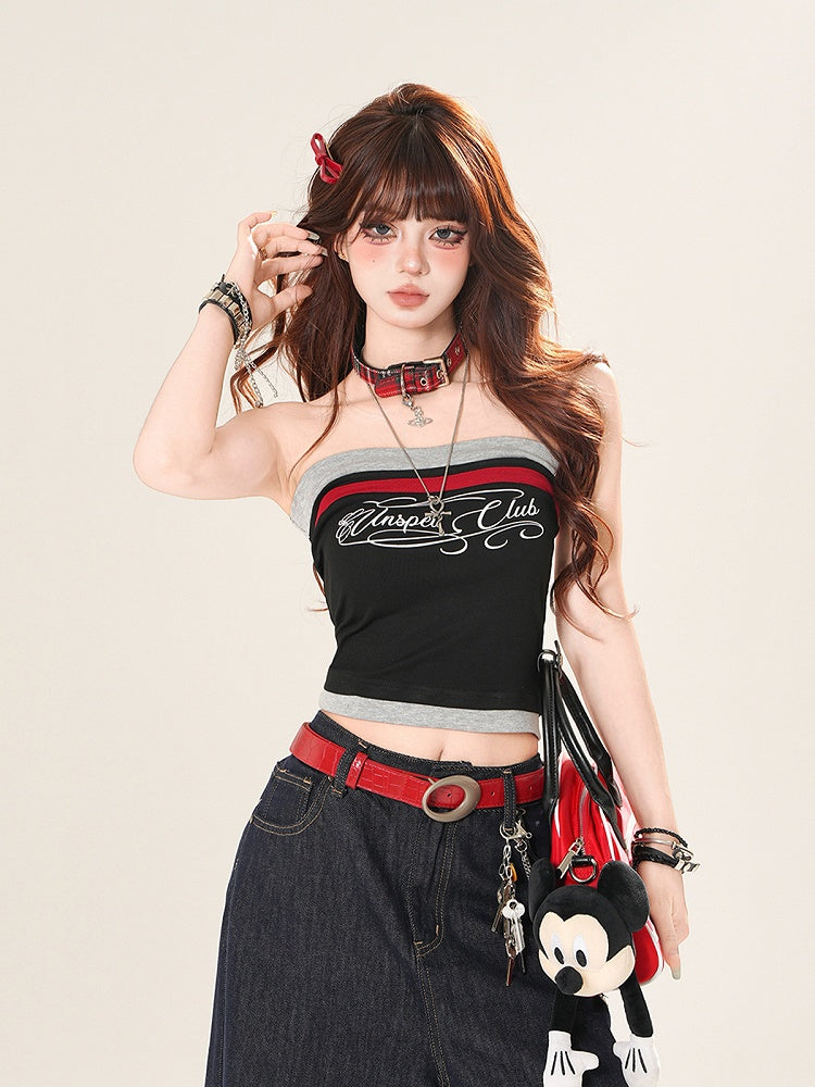 ネイビーブルー/ブラックレタープリントクロップドストラップレストップ