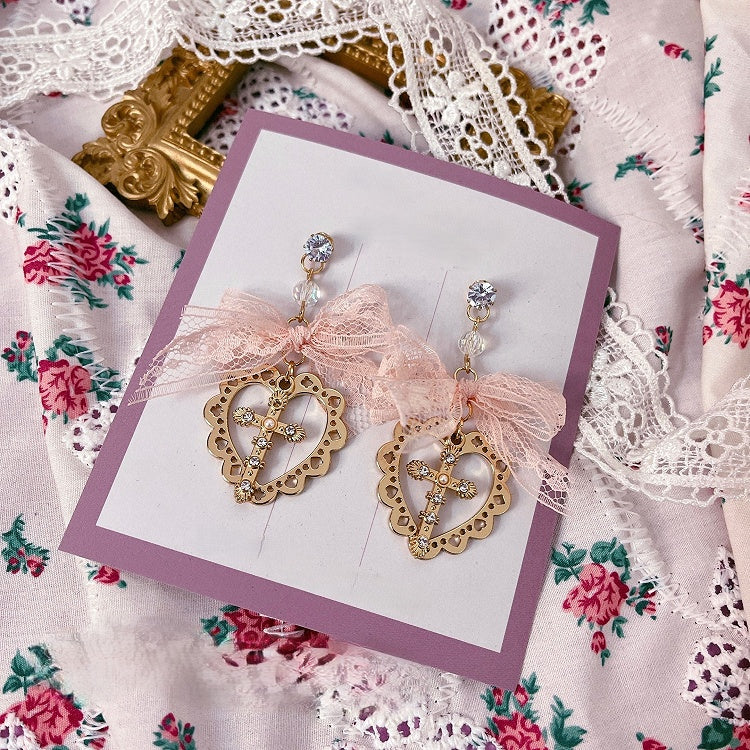 Pendant Heart 2 Bow Studs with Ear Lace Cross Options