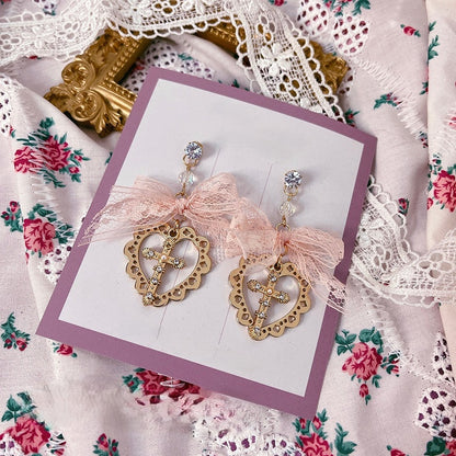 Pendant Heart 2 Bow Studs with Ear Lace Cross Options