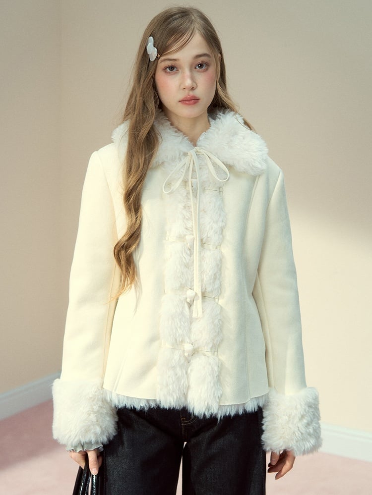 Fur Jacket Toggle with Beige Collar Vintage Button