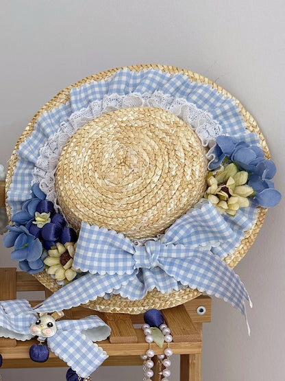 Blue Straw Country Lace Light Lolita Mini Floral Hat Gingham