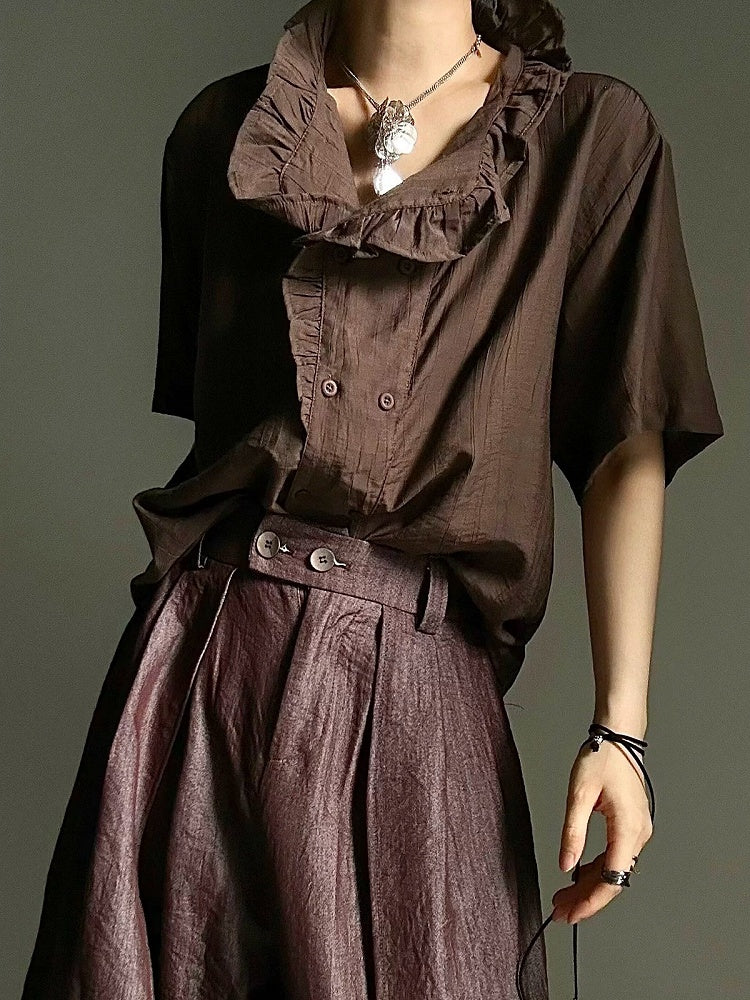Coffee Ouji Short Sleeve Shirt with Ruffle Trim - ASAE