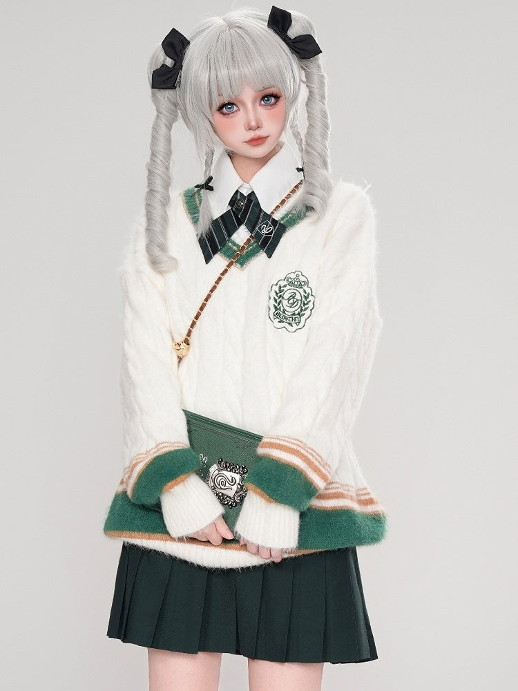 レッド/ブルー/ホワイト Vネック プレッピースタイル ルーズセーター