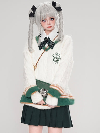 レッド/ブルー/ホワイト Vネック プレッピースタイル ルーズセーター