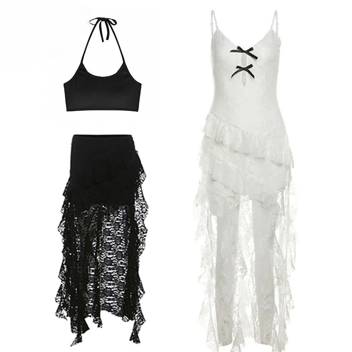 Top Neck Lace + Halter White Cami Hem Asymmetrical Bittersweet Skirt Dress Black