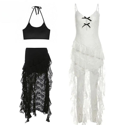 Top Neck Lace + Halter White Cami Hem Asymmetrical Bittersweet Skirt Dress Black