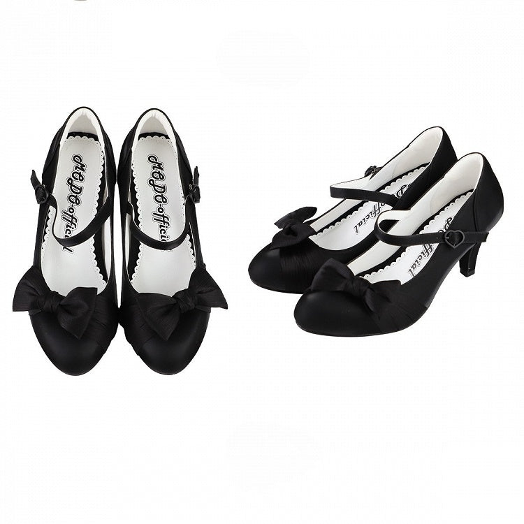 Mid-heel Black Mary Janes in PU with Delicate Bow & Heart-shaped Clasp