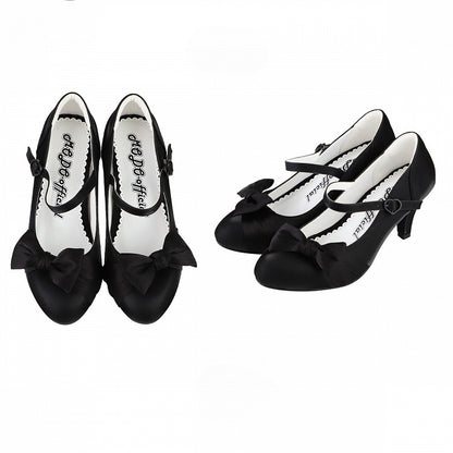 Mid-heel Black Mary Janes in PU with Delicate Bow & Heart-shaped Clasp