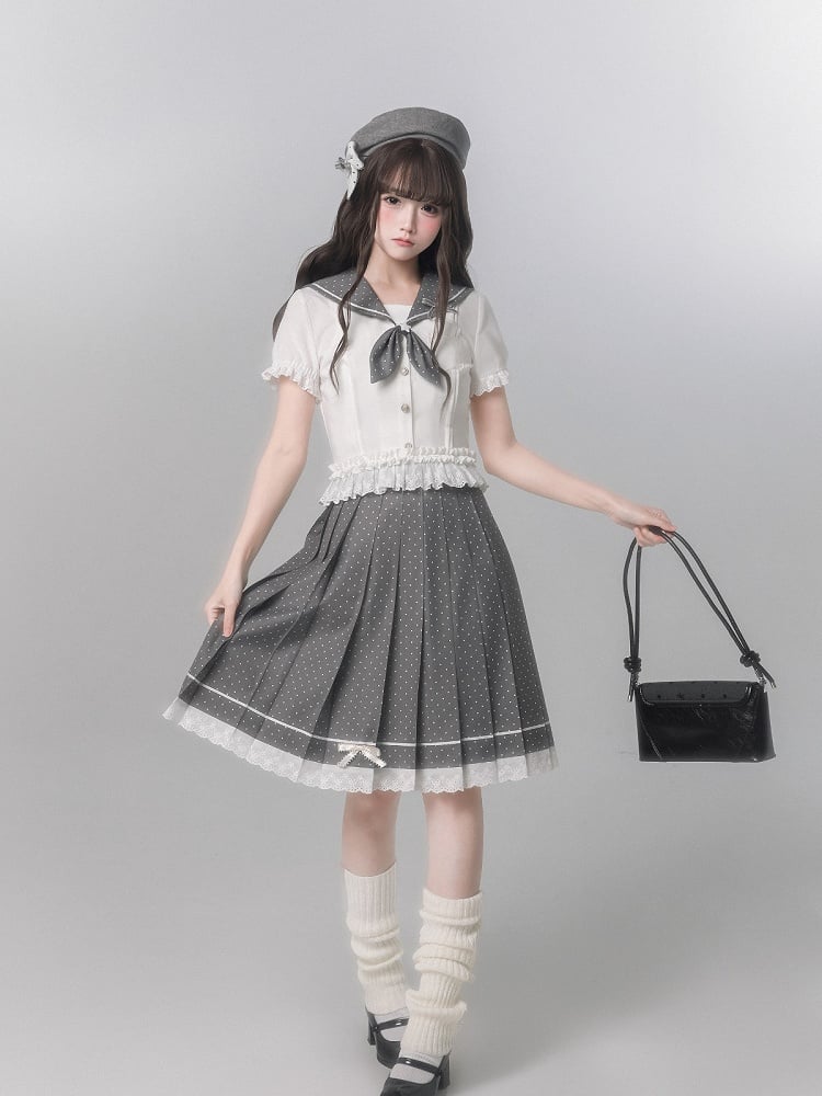 Aesthetic Dot Lace Pleated Skirt With Gray Polka Trim