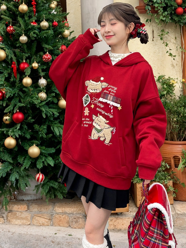 Christmas Red Cute Reindeer Appliques Thick Hoodie