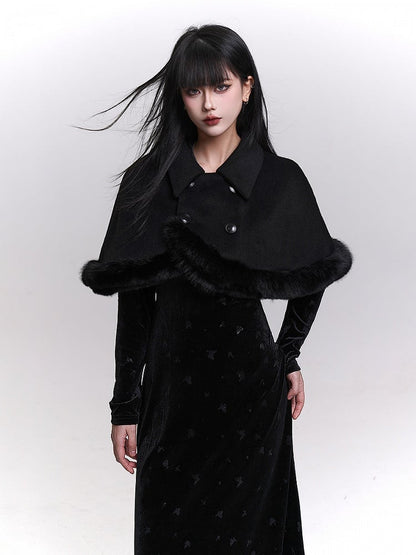 Black Double-Breasted Cape with Plush Trim