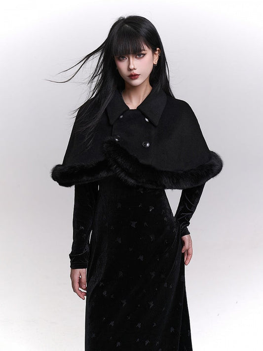 Black Double-Breasted Cape with Plush Trim