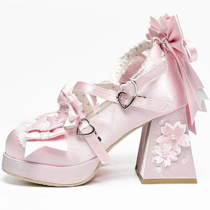 Details Crisscross - Embroidered High Pink with Platform Bow Design Floral Lolita Heel Sweet Block Shoes