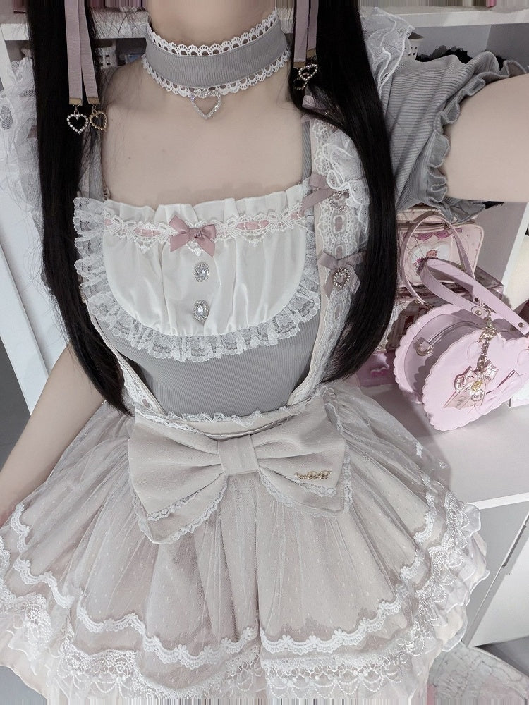Light Gray Puff-Sleeve Square-Neck Top, Lace & Rhinestones, with Choker - Ostslheep