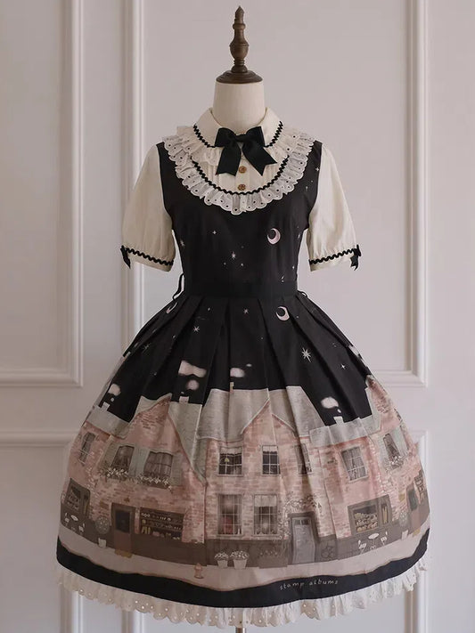 Bakery Schwarzes Kleid mit kurzen Ärmeln und Lolita-Nachtdruck