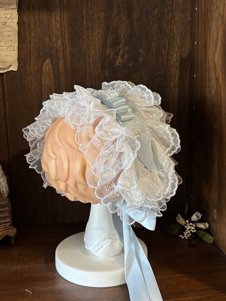 Blue White Lace Ruffle Beaded Hairband - Iris fleur