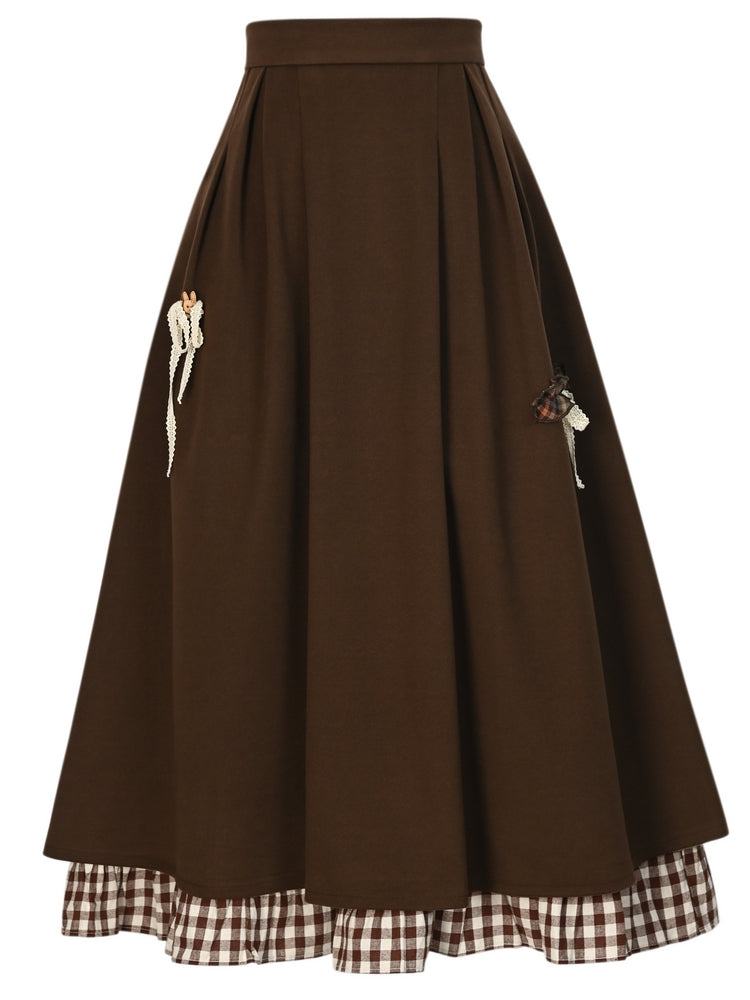 ブラウンの蝶結びディテール、足首丈スカート、チェック柄、フリル裾