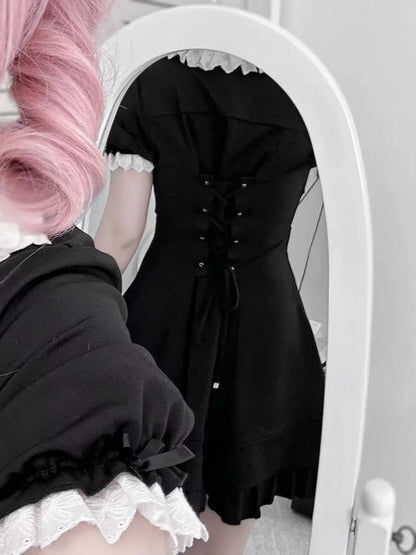 Tie Jirai Kei Set- Wrist + Black Available Lace Trim Dress + Cuffs Size Plus Shorts