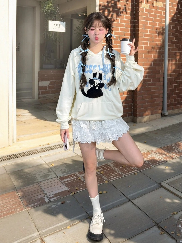 Printed Hoodie Loose Kitty Applique Beige