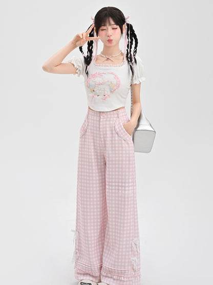 ピンクチェック柄ハイウエストレースリボンワイドレッグパンツ（レギュラー/ショート）