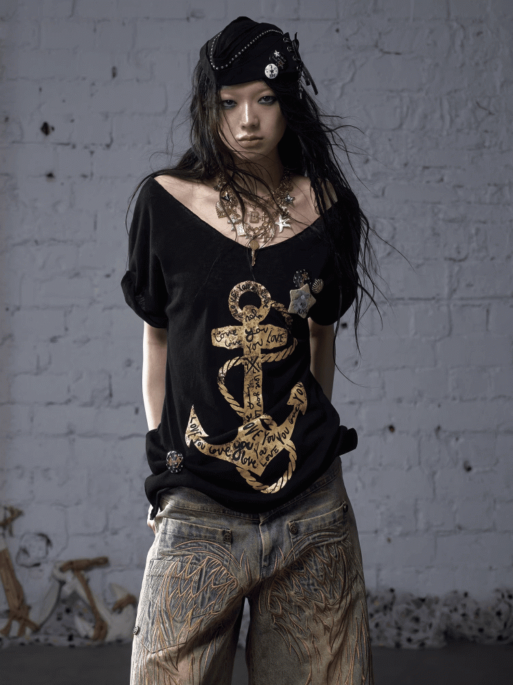 Schwarz/Weißes Navycore-Grafik-T-Shirt im Distressed-Design