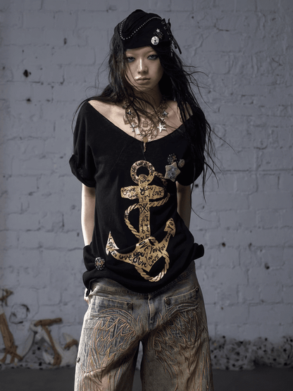 Schwarz/Weißes Navycore-Grafik-T-Shirt im Distressed-Design