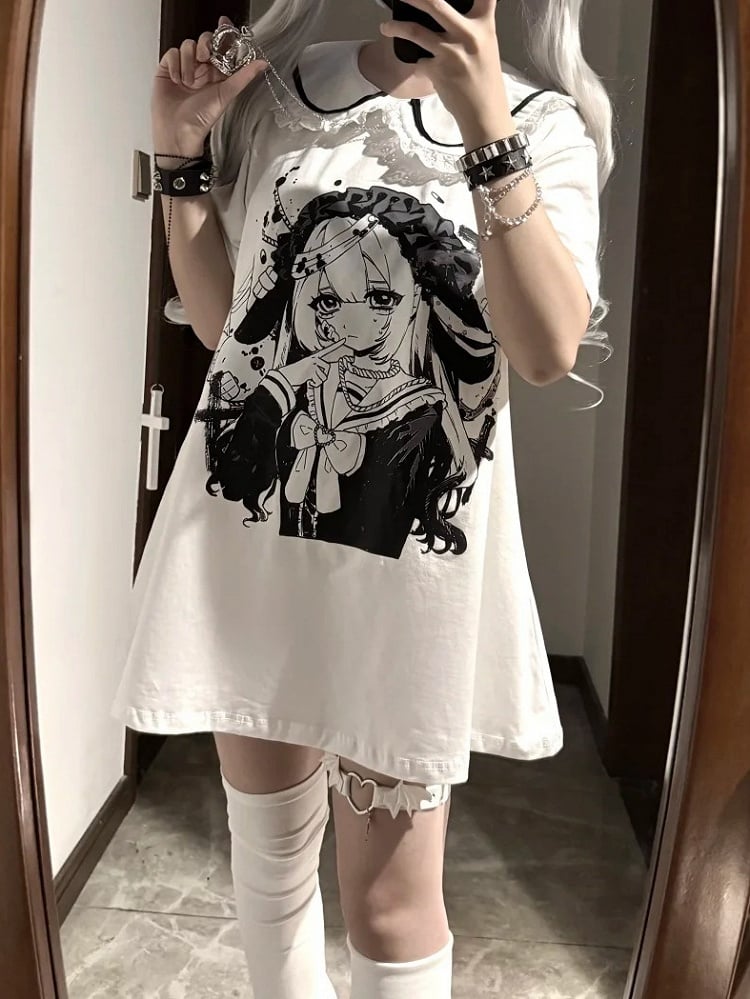 Pan Jirai Kei T-shirt White Anime Girl Print Peter Collar