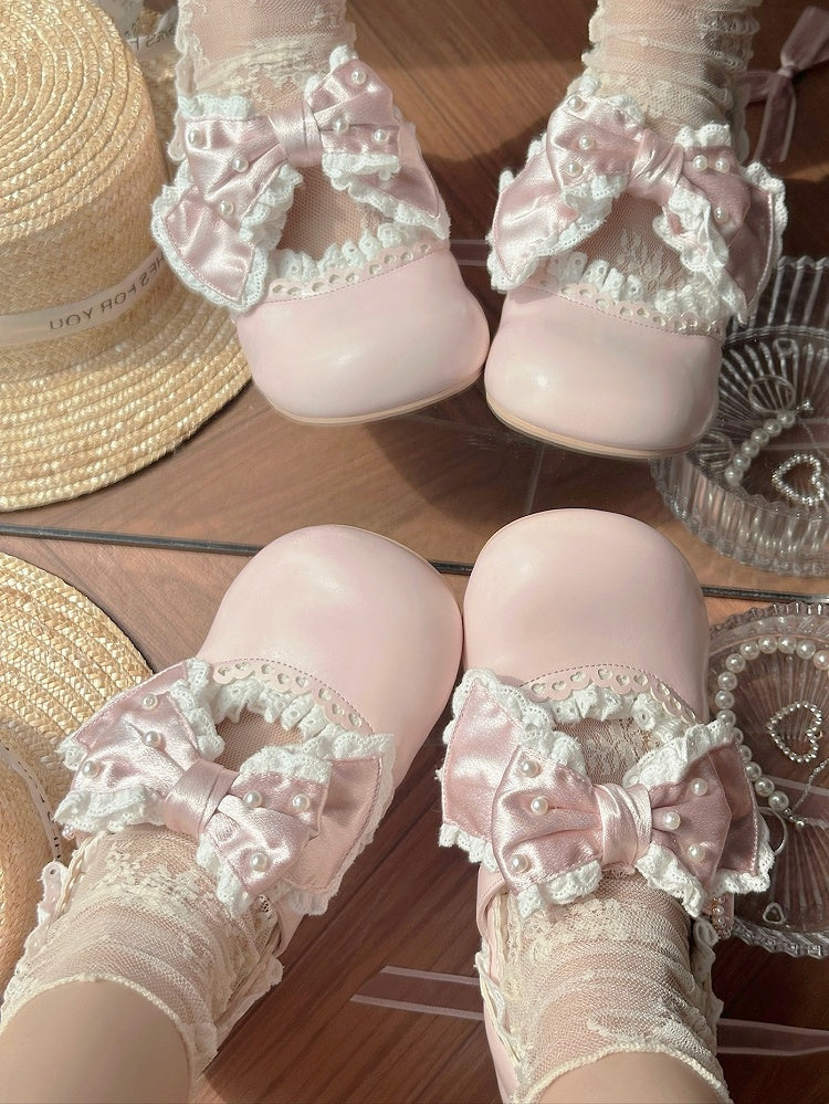 - Hem Lolita Pink Trim Lace Mid-heel Scalloped Shoes Sweet