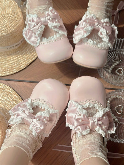 - Hem Lolita Pink Trim Lace Mid-heel Scalloped Shoes Sweet