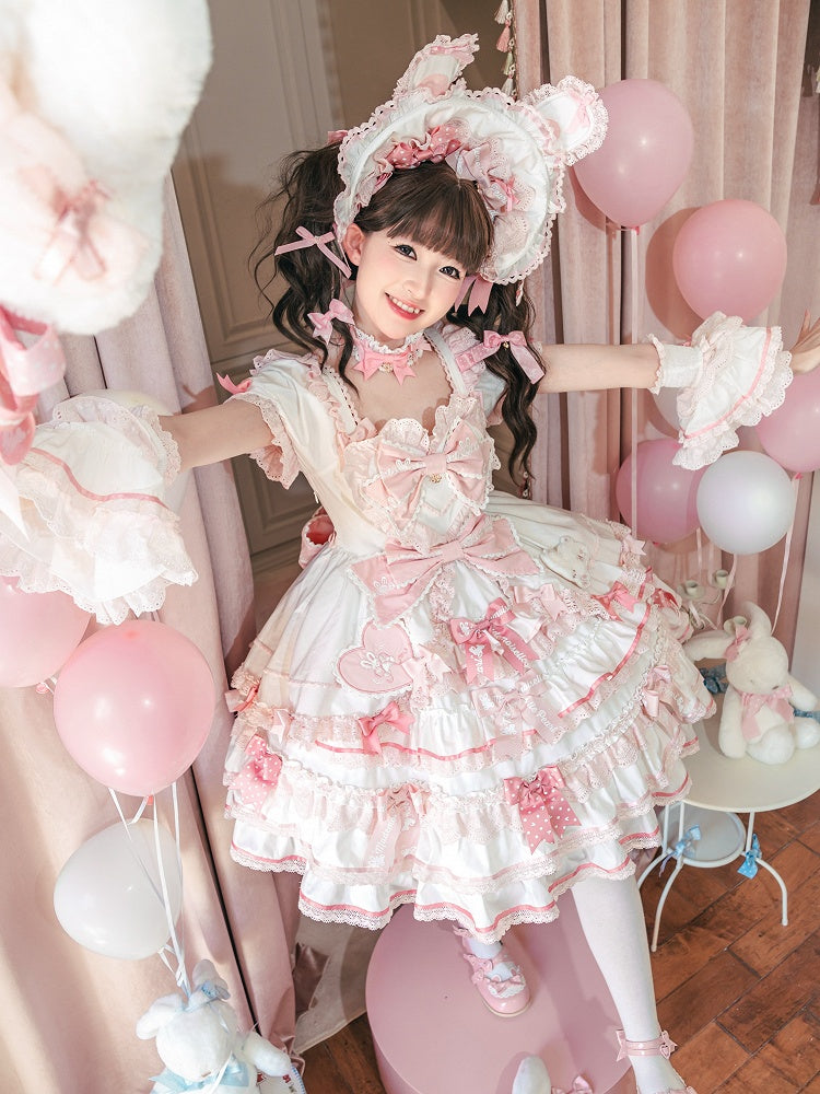 Rüschen Einteiler Rosa Weiß Süßes Prinzessinnen- und Schleifenkleid Thema Lolita Bunny Akzente