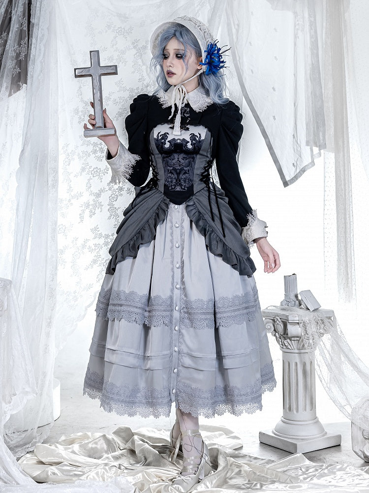 Lolita Top Long Embroidery Cropped Gothic Sleeves Black Scale