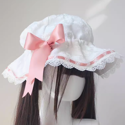 Dusty Pink Big Bow White Baby Hat