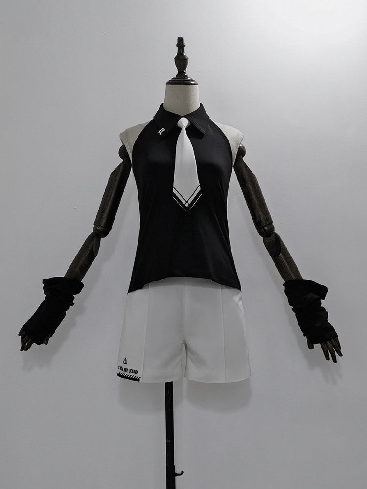 Neck Top with Wrist Black White Halter and Ouji Lolita Tie Sleeveless Cuffs