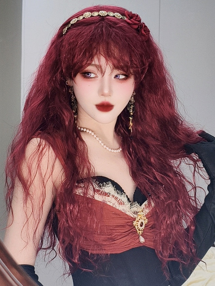 70 cm lange gewellte Perücke mit Pony, Pink/Rot