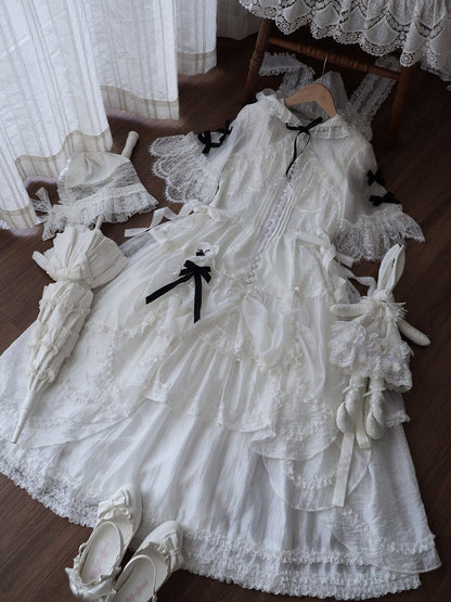 White Flutter Sleeve Petal Hem JSK with Bunny Hood & Lace Skirt Ensemble