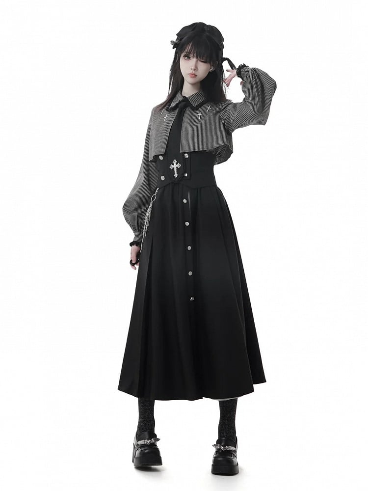 with Gothic Long | White Cross Skirt Elastic Chiffon Waist Black Chain Slit