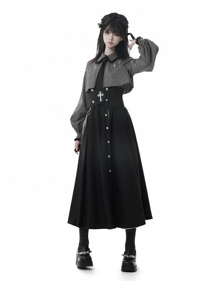 Gray Gothic Cross Black Oversized Shirt Collar Two-Piece Faux Dark Details Stripe Lace and Cuffs with |